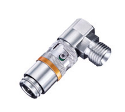 Safety coupling, Stainless Steel, with valve, 90° angled