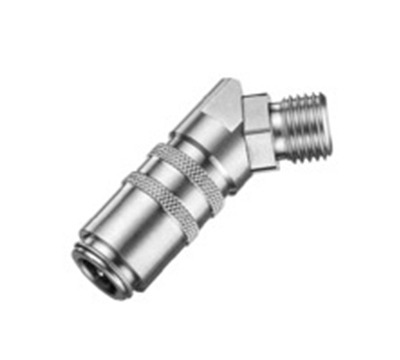 Shut-off coupling, Stainless Steel, with valve, 45° angled
